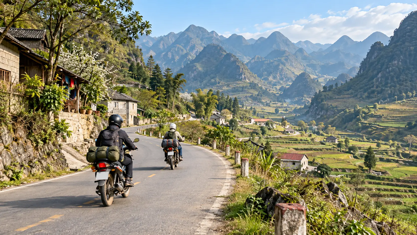 The first day of the Ha Giang Loop covers approximately 80-100km from Ha Giang City to Yen Minh